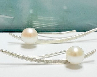 White Pearl Sterling Silver Ear Climbers – Freshwater Pearl Cuff Earrings Cyber Gift