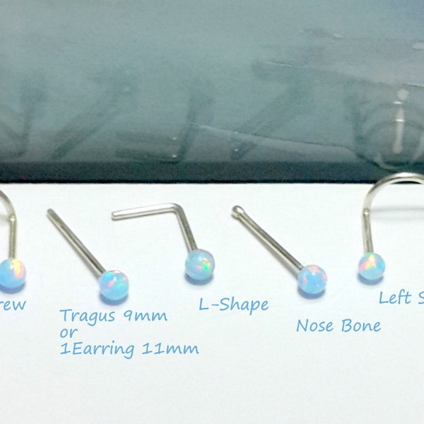 Nose screw, Light-Blue Opal 2mm Nose stud, Tragus stud, L- Shaped,925 Sterling Silver, Right,Left Nostril,20G 22G 24G,October's Birthstone