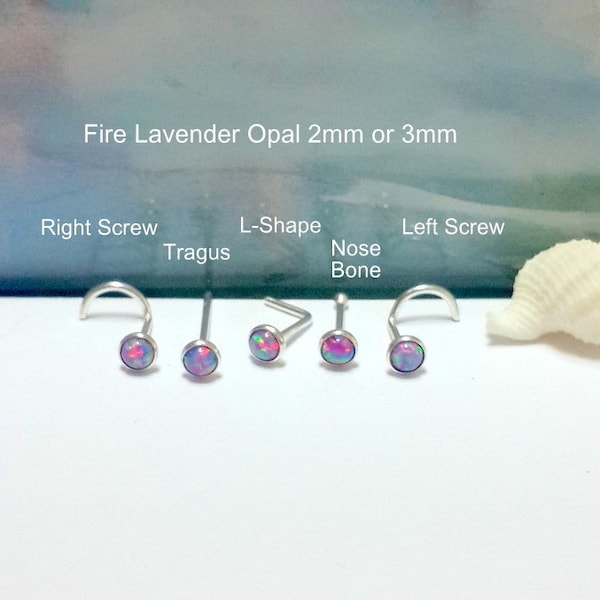 SALE-Lavender Opal 2mm-3mm Nose stud,24G  22G 20G 18G 16G, Nose screw, Nose Bone,L-Shaped,925 Sterling Silver Tragus Stud,Right,Left Nostril