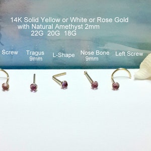Natural Amethyst 24g 22g 20g 18g  14K Solid Yellow or White or Rose Gold Amethyst 2mm Nose,Tragus,Helix Stud,Screw,Nose Bone,L-Shaped , Gift