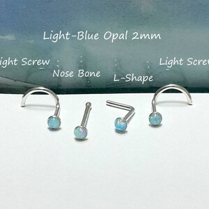 Ljusblå opal 2 mm nässtift, 925 sterlingsilverskruv, tragus, ben, L-form, 24-18 gauge