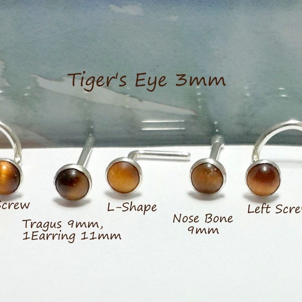 Natural Tiger's Eye 3mm  Nose Stud, Nose Screw, Nose Bone, L- Shaped, 925 Sterling Silver, 16 - 22 Gauge, June Birthstone