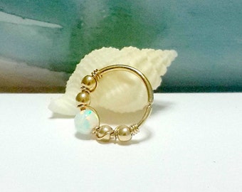 Aro de caracola de ópalo blanco: anillo perforante relleno de oro de 16 g, regalo de otoño