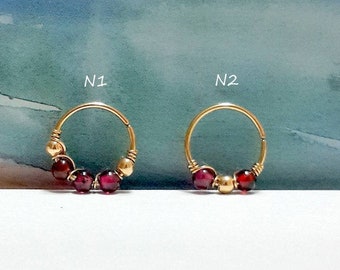 Gold Garnet Cartilage Hoop Earring: Helix, Nose, Conch, Daith Piercing