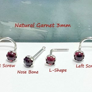 22g 20g 18g 16g Natural Garnet Nose stud, Nose Screw, Nose Bone,L- Shaped,925 Sterling Silver Nose Stud,Right and Left Nostril, Gift For Her