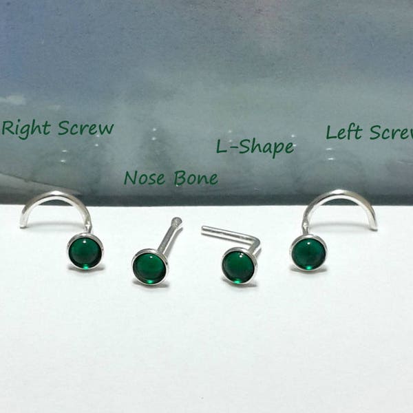 Emerald 2mm or 3mm Nose stud, Nose Screw,Nose Bone,L-Shaped,Tragus, Helix Stud,16G 18G 20G 22G 24G,  Nostril,May's Birthstone,Labor Day Sale