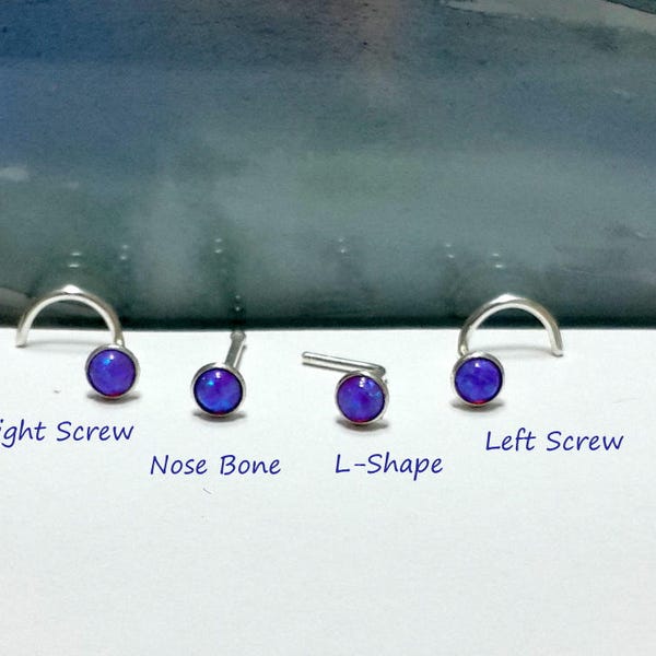 Nose screw, Fire Violet Opal Nose stud, Nose Bone, L- Shaped, 925 Sterling Silver Nose Stud, Right and Left Nostril, 16-22 Gauge,Handcrafted