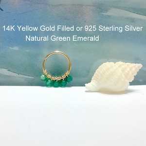Natural Emerald 2mm  Helix Ring- Gold Cartilage Piercing-Tiny Silver  Helix Hoop-16g 18g 20g 22g 24g-May's Birthstone- Gifts- Valentines Day