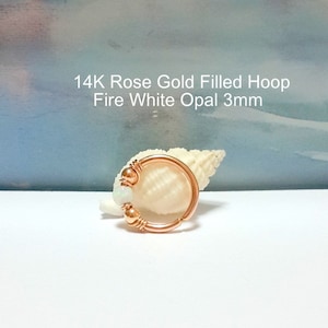 Rose Gold Filled Fire White Opal Cartilage Earring- Tiny Helix Hoop-20G Nose Ring-Tiny Hoop-16G Tragus-Daith-Conch-October's Birthstone-Sale