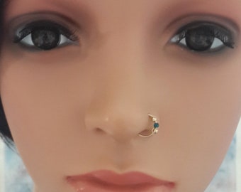 Gold Nose Ring: Green-Blue Opal, Thin Hoop, 24-20 Gauge