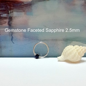Gemstone Faceted Dark Blue Sapphire 2.5mm Cartilage Hoop- Sapphire Conch Ring-20g 22g 24G-Gold Helix Ring-September's Birthstone