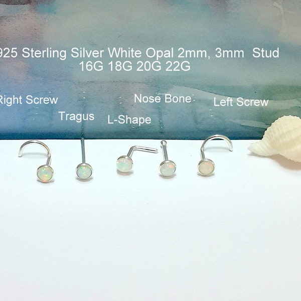 White  Opal 2mm or 3mm Nose stud, 22G 20G 18G 16G, Nose screw,Nose Bone,L-Shaped,925 Sterling Silver Tragus Stud,Right and Left Nostril,Gift