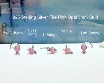 Fire Pink Opal Nose Stud: Sterling Silver Piercing (16G-24G)