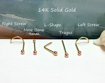 14K Solid Gold Nose Stud,Tragus, Bone, 1.5-2mm Ball,24g 22g 20g 18g 16g-L-shape