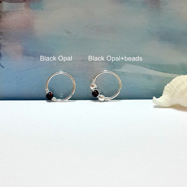 Fire Black Opal 2mm Helix Earring- Silver Beaded Cartilage Hoop - Gold Helix Piercing - October's Birthstone-20g, 22g, 24g-Summer Sale-Gifts