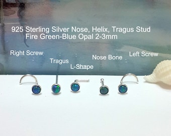 925 Sterling Silver Fire Green-BlueOpal Nose Tragus Lobe Stud,16G-24G, Screw, Bone, L-shape, Handmade