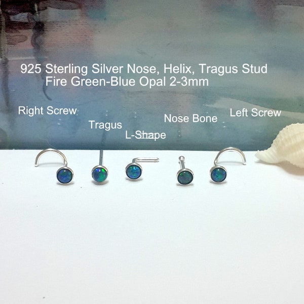 New Year's Sale Fire Green-Blue Opal 2-3mm Nose stud, 16G 18G 20G 22G 24G, Nose Bone,Nose screw,L- Shape,925 Sterling Silver,Handcrafted