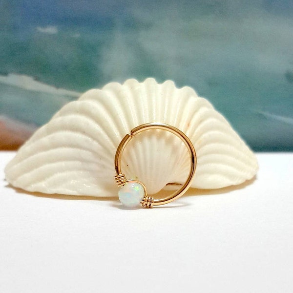 White Opal tragus hoop, gold filled tiny tragus ring, silver tragus hoop earring,october's birthstone,16G 18G 20G 22G 24G-Summer sale, Gifts