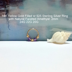 24g 22g 20g 18g 16g Gemstone Amethyst 2-3mm  Cartilage Earring- Gold Tragus Ring- Silver Helix Hoop- February's Birthstone-Bohemian Jewelry