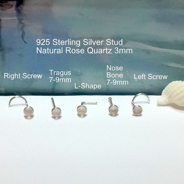 Rose Quartz Nose stud,16g 18g 20g 22g,Silver Nose Screw,14K Solid Gold Nose Bone,L-Shaped,Tragus Stud,Right Nostril,Rose Quartz Stud, Gift