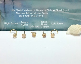 Natural Moonstone 3mm 22g 20g 18g 16g 14K Solid Yellow,Rose,White Gold Nose stud,Nose Screw,Nose Bone,L-Shaped,Tragus Stud,Holiday Gift,Sale