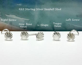 925 Sterling Silver Seashell Nose Stud: 16g-22g Nautical Jewelry, Screw, Bone, L-shape