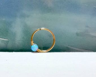 14k Gold Filled Conch Hoop Earring: Light Blue Opal Bead (16-22 Gauge)