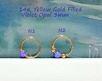 Violet Opal  Helix Earring- Gold Beaded Cartilage Hoop- Silver Helix Piercing- October's Birthstone-16g 18g 20g 22g -  6-12mm Inner Diameter