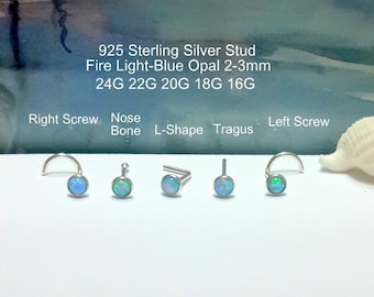 Sterling Silver Light-Blue Opal Nose Stud: Helix, Tragus, Lobe (16G-24G),Valentine's Day