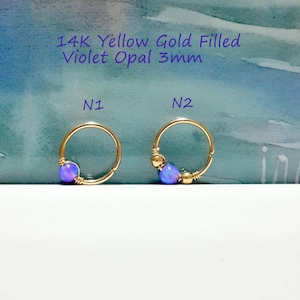 Violet Opal  Helix Earring- Gold Beaded Cartilage Hoop- Silver Helix Piercing- October's Birthstone-16g 18g 20g 22g -  6-12mm Inner Diameter