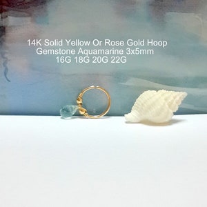 14K Solid Yellow Gold Natural Aquamarine Briolette Helix Piercing- Cartilage Piercing- 16g, 18g, 20g, 22g,March's Birthstone,Valentine’s Day