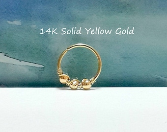 14K Solid Gold Bead Hoop Earring,Helix, Nose, Septum Ring,16g 18g 20g 22g