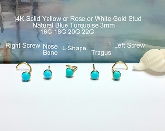 Piercing para la nariz de oro de 14 quilates: turquesa natural de 3 mm, 16 g, 18 g, 20 g y 22 g
