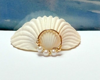 Pearl Cartilage Earring,14k Gold Helix Hoop, Tragus Conch Piercing,24-16 gauge, June Birthstone
