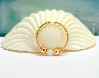 SALE -White Opal 2mm Helix Earring-Gold Beaded Cartilage Hoop - Silver Helix Piercing - October&#39;s Birthstone- 20g, 22g, 24g- Gift