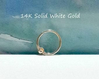 14K Solid White Gold Bead Cartilage Hoop: Helix,Tragus,Nose Ring,22-16 gauge,Gift