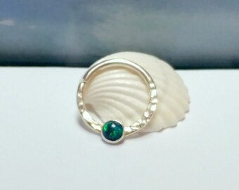 14K Gold Opal Septum Ring: Hammered Daith Piercing Hoop