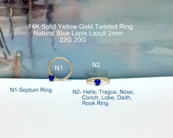 14K Gold Lapis Lazuli Twisted Helix Hoop: Tragus, Septum, Nose Ring
