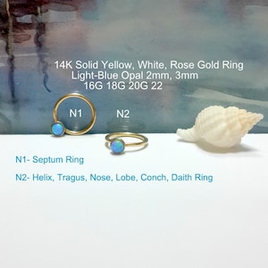 Light-Blue Opal 14K Solid Gold  Cartilage Earring-16G 18G 20G 22G- Conch Hoop-Tragus-Septum-Daith-Nose Ring-October's Birthstone-Cyber Sales