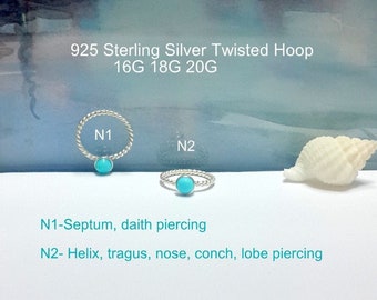 Turquoise Sterling Silver Twisted Hoop: Helix, Septum, Tragus Ring