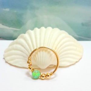 Green Opal Cartilage Earring- Gold Beaded Helix Hoop - Silver Cartilage Piercing - Helix Jewelr - 16G 18G 20G 22G-October's Birthstone-Gifts