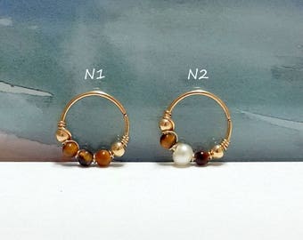 Tiger's Eye & Pearl Helix Hoop: 14k Gold Filled Cartilage Earring