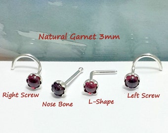 Sterling Silver Garnet Nose Stud: 22g-16g, Nose Bone, Screw, L-Shape, January Birthstone