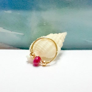 14K Solid  Gold Ruby Helix Piercing, Cartilage Earring, Nose Ring, Septum, Tragus Hoop,16g 18g 20g 22g , Gift Idea, July's Birthstone