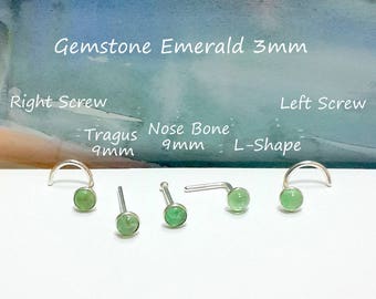 Gemstone Brazilian Emerald Nose stud,16g 18g 20g 22g,Silver Nose Screw,Nose Bone,L-Shaped,Tragus Stud,Gold Right Nostril,May's Birthstone