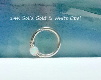 14K massivt guld vit opal Helix Hoop, brosk, näsa, tragus piercing, 24-16 gauge, gåva