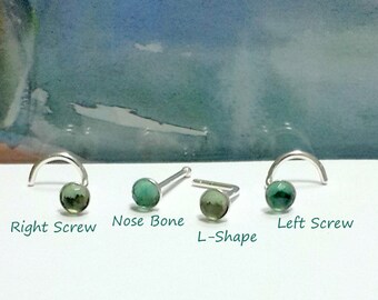 14K Gold Green Tourmaline Nose Stud: 16G 18G 20G 22G, Helix Tragus Piercing