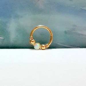 Septum Ring 14K Yellow Gold Filled Double Ball White Opal Stone-Helix-Tragus-16G 18G 20G - Piercing-October&#39;s Birthstone-Gold Septum Hoop