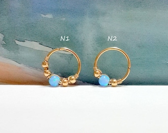 SALE - Light-Blue Opal Cartilage Earring- Gold Beaded Helix Hoop- Silver Cartilage Piercing- Helix Jewelry- 16g 18g 20g 22g- Holiday Gift