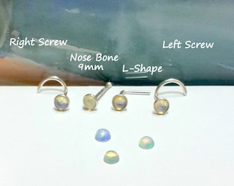 Sterling Silver Fire Opal Nose Stud,16-22 Gauge, Screw,Bone,L-Shape, Gift